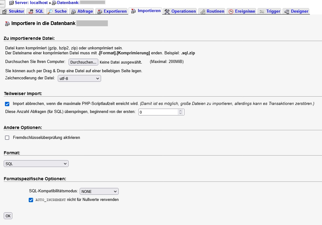 Datenbankimport-Dialog von phpMyAdmin Datenbankimport-Dialog von phpMyAdmin