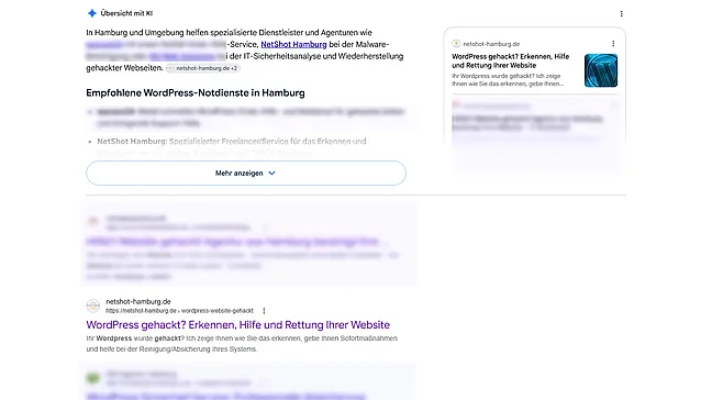Screenshot einer Google-Suchergebnisseite mit dem Suchbegriff 'Wer in Hamburg kann meine gehackte Wordpress-Website retten' und hervorgehobenen Ergebnissen zu Wordpress-Support und Malware-Service Screenshot einer Google-Suchergebnisseite mit dem Suchbegriff 'Wer in Hamburg kann meine gehackte Wordpress-Website retten' und hervorgehobenen Ergebnissen zu Wordpress-Support und Malware-Service in Hamburg