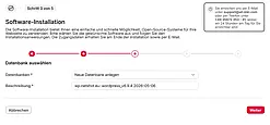 Screenshot einer WordPress-Installationsseite bei All-Inkl mit Schritt 3 von 5, Auswahl einer neuen Datenbank und Eingabefeldern für Datenbankname und Beschreibung