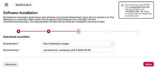 Screenshot einer WordPress-Installationsseite bei All-Inkl mit Schritt 3 von 5, Auswahl einer neuen Datenbank und Eingabefeldern für Datenbankname und Beschreibung