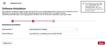 Screenshot einer WordPress-Installationsseite bei All-Inkl mit Schritt 3 von 5, Auswahl einer neuen Datenbank und Eingabefeldern für Datenbankname und Beschreibung