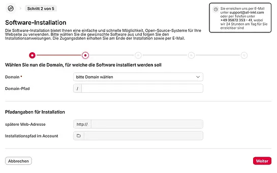Screenshot eines Software-Installationsformulars mit Feldern zur Auswahl der Domain und des Domain-Pfads sowie einem Hinweis zur Erreichbarkeit des Supports per E-Mail und Telefon