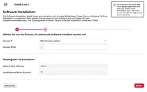 Screenshot eines Software-Installationsformulars mit Feldern zur Auswahl der Domain und des Domain-Pfads sowie einem Hinweis zur Erreichbarkeit des Supports per E-Mail und Telefon