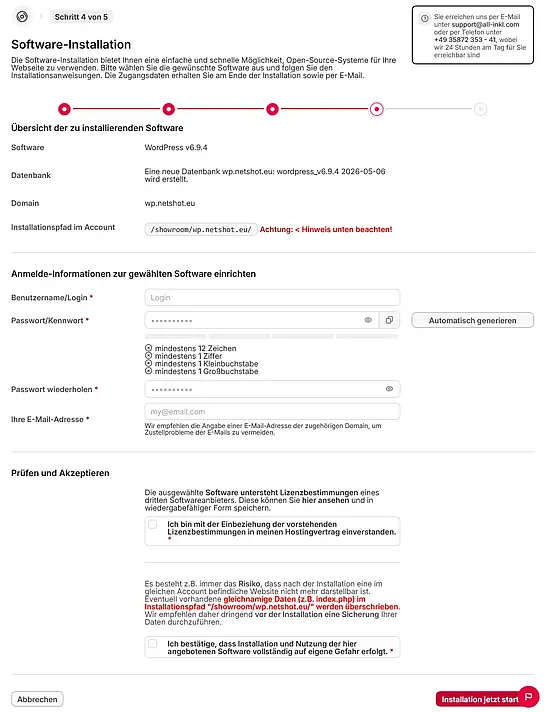 Screenshot einer Software-Installationsseite mit Feldern für Benutzername, Passwort, E-Mail-Adresse und Lizenzvereinbarung bei der WordPress-Installation