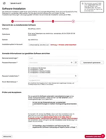 Screenshot einer Software-Installationsseite mit Feldern für Benutzername, Passwort, E-Mail-Adresse und Lizenzvereinbarung bei der WordPress-Installation
