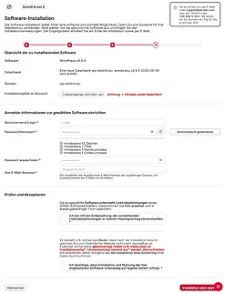 Screenshot einer Software-Installationsseite mit Feldern für Benutzername, Passwort, E-Mail-Adresse und Lizenzvereinbarung bei der WordPress-Installation