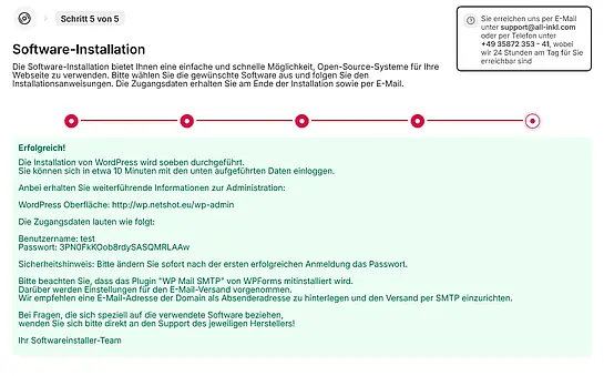 Screenshot einer Software-Installationsseite mit Anweisungen zur WordPress-Installation und Zugangsdaten für Benutzername und Passwort