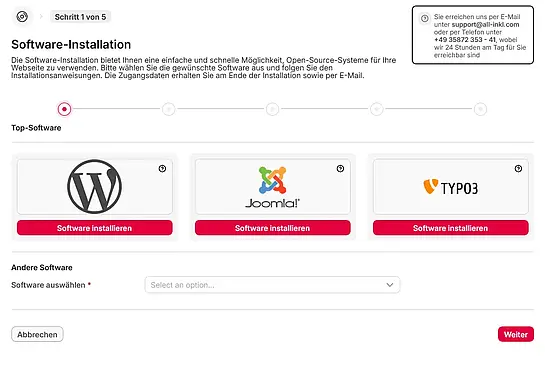 Benutzeroberfläche einer Software-Installation mit Auswahl von WordPress, Joomla und TYPO3 als Top-Software und Schaltflächen zum Installieren.