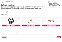 Benutzeroberfläche einer Software-Installation mit Auswahl von WordPress, Joomla und TYPO3 als Top-Software und Schaltflächen zum Installieren.